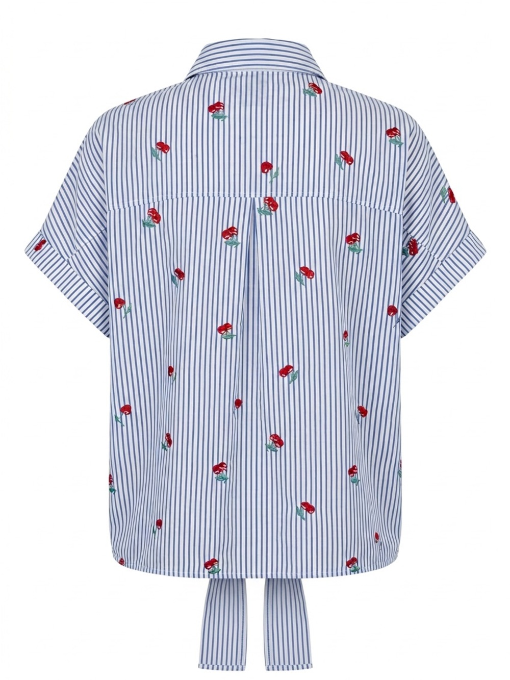Blue Stripe Cherries Tie-Front Embroidered Shirt Boho Y2K - Picture 2 of 3